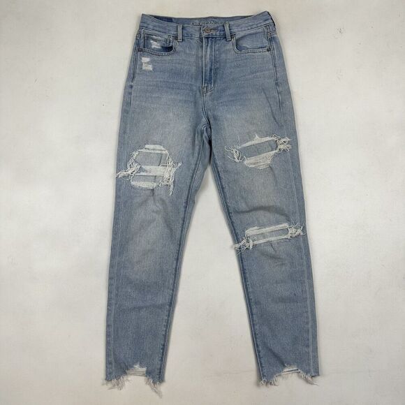 American Eagle Mom Jeans Distressed Denim Blue Jeans Sz 2 Reg Cotton Stretch - Picture 2 of 10